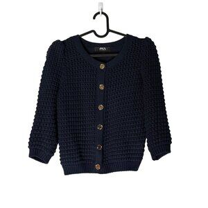 Jill Stuart Navy Blue Chunky Knit Puff Sleeve Cardigan Sweater Womens Small